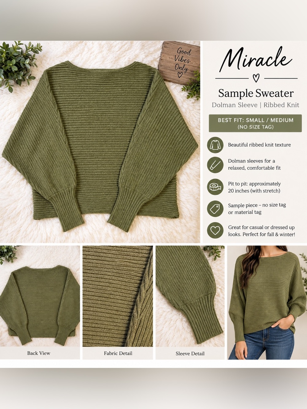 Miracle Ribbed Olive Green Dolman Sweater
